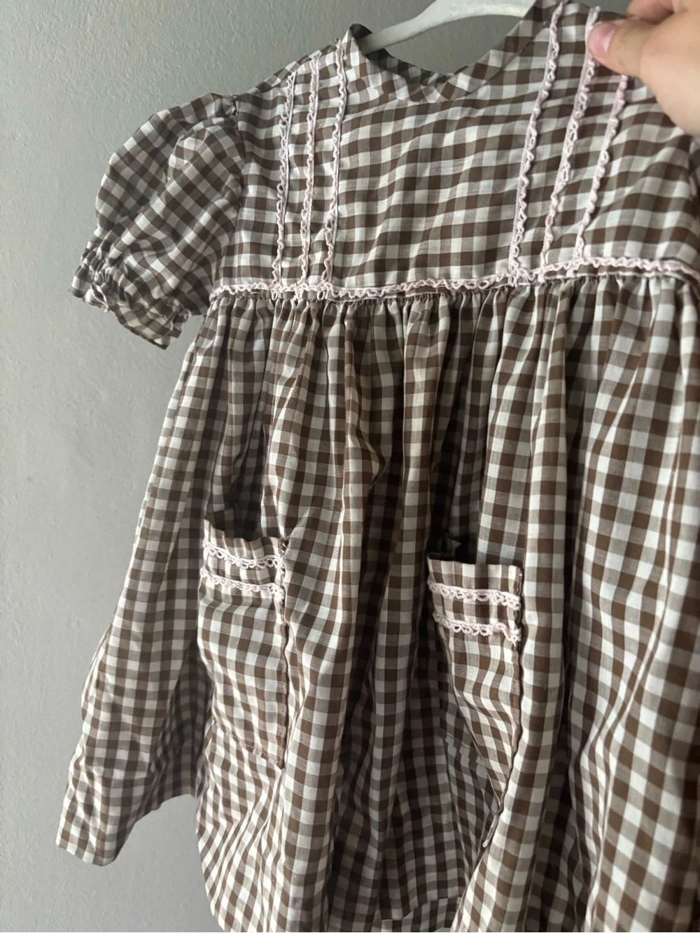 Genuine Vintage Handmade Brown and White Gingham Smocked Dress with Pockets